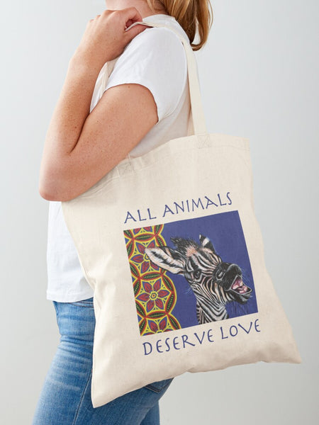 Zebra Cotton Tote Bag - All Animals Deserve Love - Zimmi