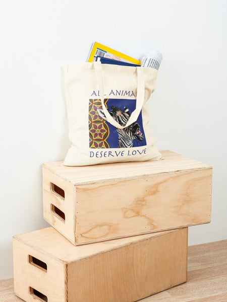 Zebra Cotton Tote Bag - All Animals Deserve Love - Zimmi